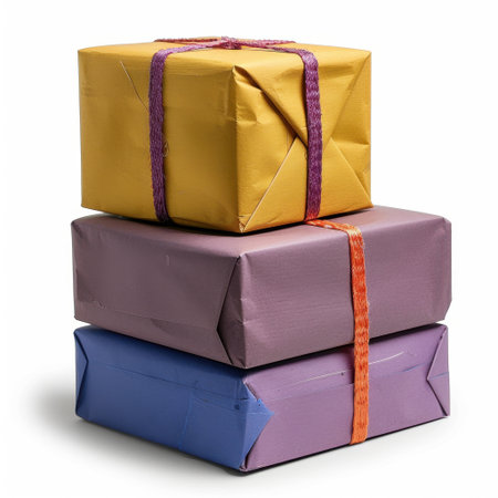 Brightly colored gift boxes neatly stacked, featuring vibrant yellow, purple, and blue wraps. Perfect for celebrating special occasions or gift-giving events.の素材