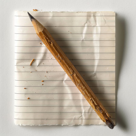 A simple yet evocative image featuring a raw wooden pencil lying on crumpled lined paper, embodying the essence of creativity and thoughtful ideas in a minimalist setting.の素材
