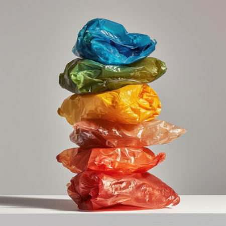 A vibrant arrangement of stacked plastic bags in various colors, set against a clean white background, emphasizing waste problems and promoting eco-friendly practices.の素材