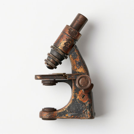 This vintage microscope captures the essence of historical scientific equipment, showcasing wear and tear that reflects its journey through time, perfect for education.の素材