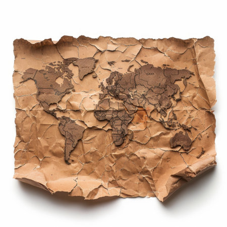 This image features a crumpled antique world map on textured aged paper, highlighting intricate topographic details, perfect for adventure and travel themes.の素材