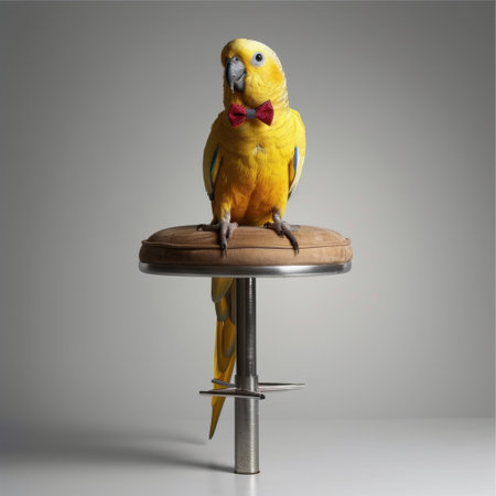 A vibrant yellow parrot adds a touch of elegance, wearing a red bow tie while perched on a modern stool. This charming pet creates a joyful atmosphere in any setting.の素材