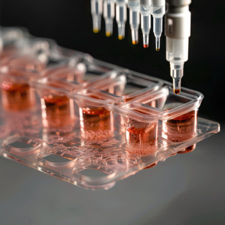 A close-up view of a laboratory setup with pipettes transferring red liquid into petri dishes. This image captures precision and attention to detail in scientific research.の素材