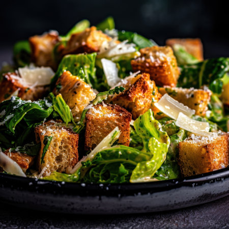 Indulge in this vibrant Caesar salad featuring crispy croutons, fresh greens, and a sprinkle of grated cheese, beautifully arranged for food enthusiasts.の素材