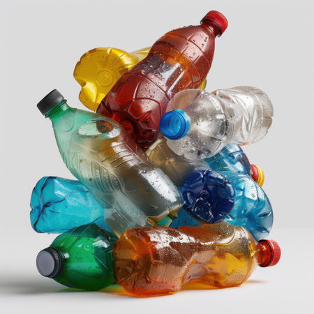 A dynamic arrangement of colorful plastic bottles with water droplets, showcasing design and eco-friendly themes, ideal for promoting recycling and sustainability.の素材