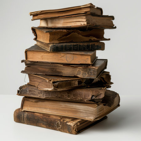 A captivating stack of vintage leather-bound books, showcasing their worn and frayed beauty. Perfect for evoking nostalgia and a love for literature in design.の素材