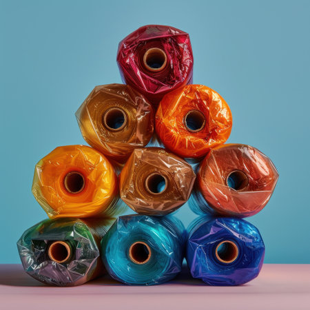 A visually striking arrangement of colorful plastic film rolls stacked into a pyramid shape, perfect for creative projects or artistic displays against a soothing blue backdrop.の素材