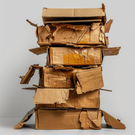 A visually captivating collection of stacked and crumpled cardboard boxes displaying wear and tear, set against a neutral background, ideal for various creative projects.の素材
