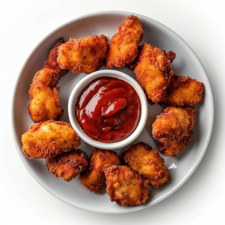 This appetizing image showcases golden crispy chicken nuggets arranged on a round white plate, complemented by a side of tangy ketchup, perfect for snacking.の素材