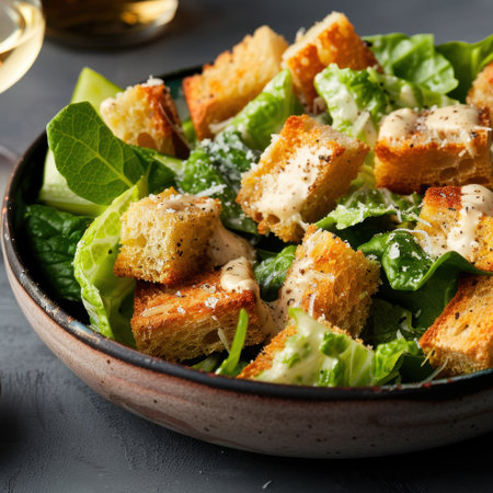 A vibrant green salad featuring crisp lettuce, crunchy croutons, and a creamy dressing, beautifully presented in a bowl, perfect for healthy dining or food photography.の素材
