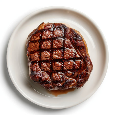 A beautifully presented grilled steak showcases perfect grill marks and rich sauce. Ideal for food photography or gourmet dining inspiration.の素材