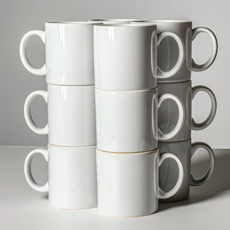 A visually appealing arrangement of stacked white mugs on a clean surface. This image captures simplicity and elegance, making it perfect for culinary or decor-related uses.の素材