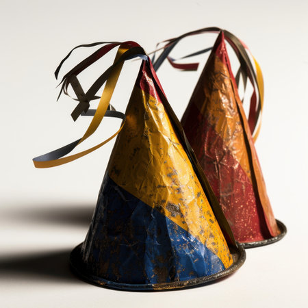 Two colorful party hats in yellow, red, and blue sit side by side, adorned with decorative strings, suggesting a festive atmosphere perfect for celebrations.の素材