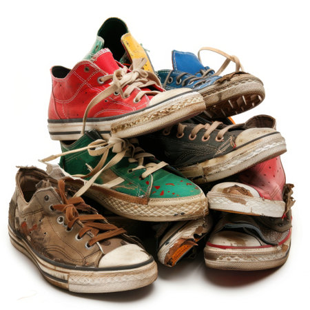 A vibrant arrangement of worn out sneakers stacked together, highlighting various colors and textures. Perfect for capturing the essence of youth culture and urban style.の素材