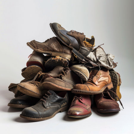 This image features a diverse collection of old and worn leather shoes piled together, showcasing various styles and earthy tones against a neutral backdrop.の素材