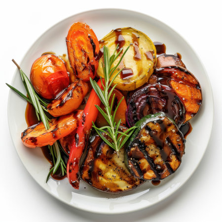 A vibrant arrangement of grilled vegetables garnished with fresh rosemary and drizzled with balsamic glaze, perfect for healthy eating and meal inspiration.の素材
