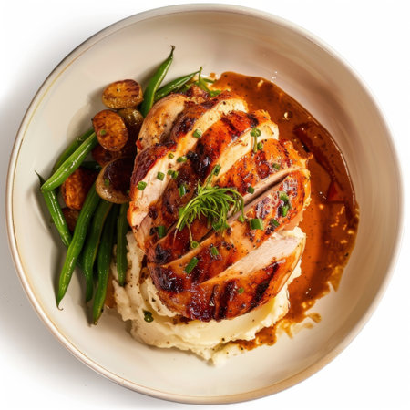 A stunning dish featuring a perfectly grilled chicken breast atop creamy mashed potatoes, accompanied by green beans and roasted potatoes, all drizzled with savory sauce.の素材
