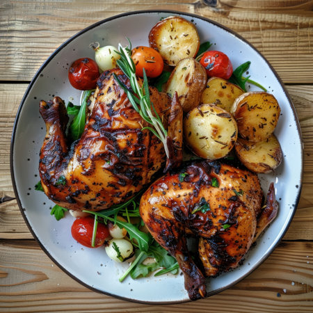 A beautifully arranged plate featuring grilled chicken, crispy roasted potatoes, and fresh cherry tomatoes garnished with green herbs, ideal for food lovers.の素材