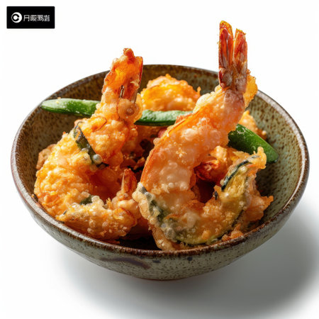 This captivating image showcases crispy fried shrimp paired with fresh green beans, ideal for food photography and culinary projects that celebrate seafood dishes.の素材