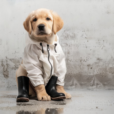 Adorable golden retriever puppy dressed in a stylish rain jacket and rubber boots stands on wet pavement, exuding cuteness and charm in a playful outdoor moment.の素材