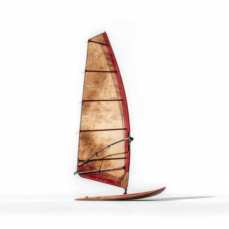 A vintage windsurfing board displayed against a clean white background, highlighting its unique design and craftsmanship, perfect for sports enthusiasts and collectors alike.の素材