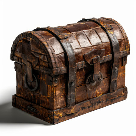 This vintage leather treasure chest features intricate metal accents and a rustic design. Ideal for home decor, storage solutions, or as an eye-catching accessory.の素材