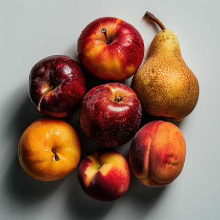 This image features a vibrant assortment of red and yellow apples, a ripe pear, and a juicy peach, showcasing the beauty of fresh fruit and nutrition.の素材