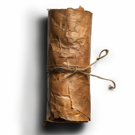 This image features an aged, crumpled paper scroll tightly bound with simple twine, ideal for artistic projects, storytelling, or vintage-themed designs.の素材