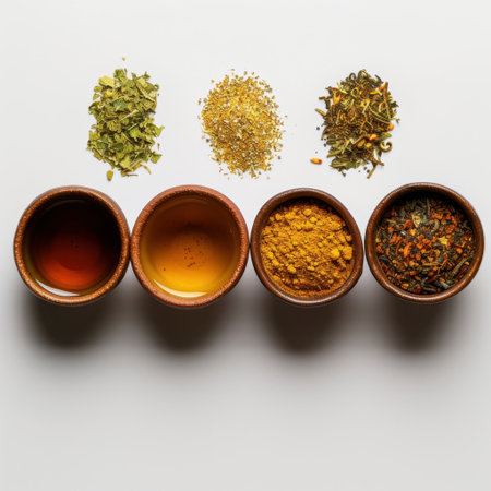 This image features a variety of herbs and spices in wooden bowls placed on a white surface, showcasing their vibrant colors and textures for culinary inspiration.の素材