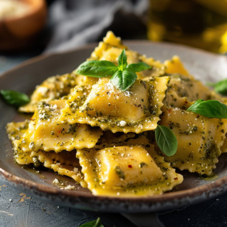 Savory homemade ravioli pasta topped with rich pesto sauce and garnished with fresh basil. A perfect dish for family meals or cozy dinners, showcasing delightful flavors.の素材