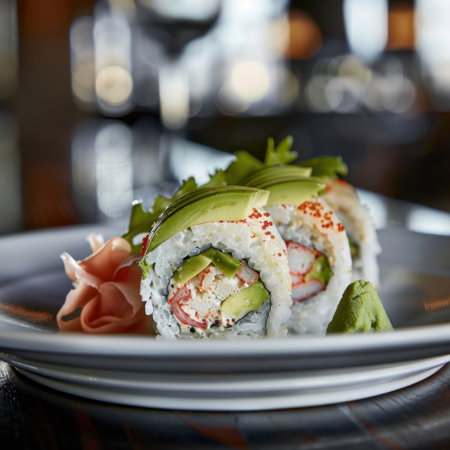 Experience the art of sushi with this beautiful platter showcasing vibrant crab rolls, fresh avocado, and artistic garnishes, perfect for food lovers.の素材