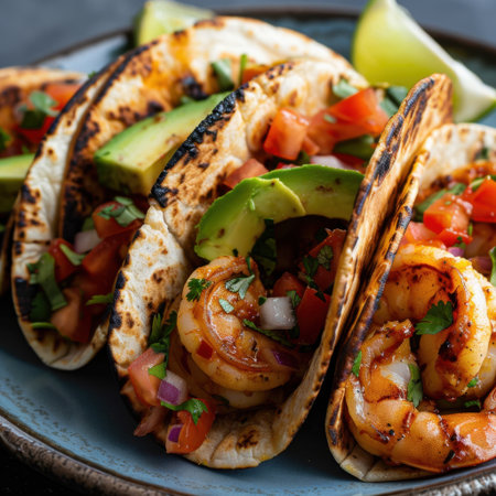 A vibrant plate of grilled shrimp tacos topped with fresh vegetables and lime. Ideal for summer gatherings or casual dining experiences, these tacos are full of flavor.の素材
