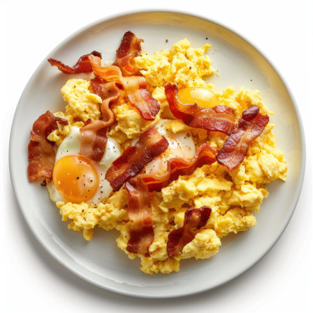 Savor a delightful breakfast with creamy scrambled eggs, crispy bacon, and sunny-side-up eggs, all beautifully presented on a clean white plate. Perfect for mornings.の素材