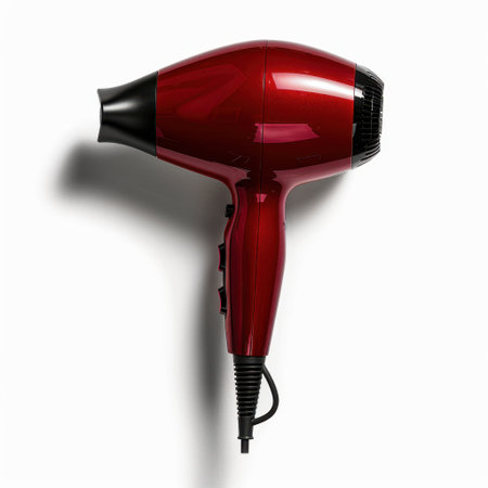 This vibrant red hair dryer features a sleek design perfect for salons and home use, efficiently styling hair with professional results in a stylish manner.の素材