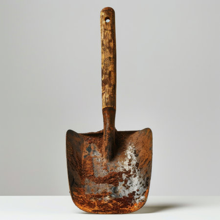 This old rusted garden shovel features a wooden handle and shows clear signs of wear, making it an ideal choice for gardening enthusiasts or rustic decor.の素材