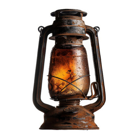 This vintage oil lantern emits a warm glow through its glass body, showcasing a rustic patina that adds character. Ideal for decorative purposes or enhancing photographic themes.の素材