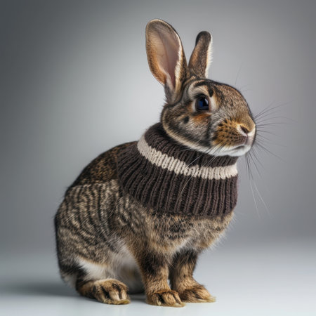 A charming brown rabbit wearing a knit sweater captures attention with its fluffy fur and bright eyes, sitting in a studio for a delightful portrait.の素材