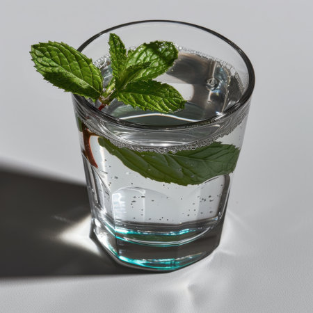 A stunning close-up of a clear glass filled with sparkling water and fresh mint leaves. This image captures the essence of refreshment and wellness in a minimalist style.の素材