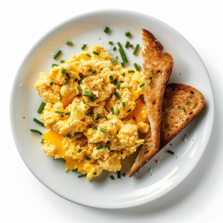 A delicious plate of creamy scrambled eggs topped with fresh chives, served with crispy toasted bread, perfect for a satisfying breakfast or brunch experience.の素材