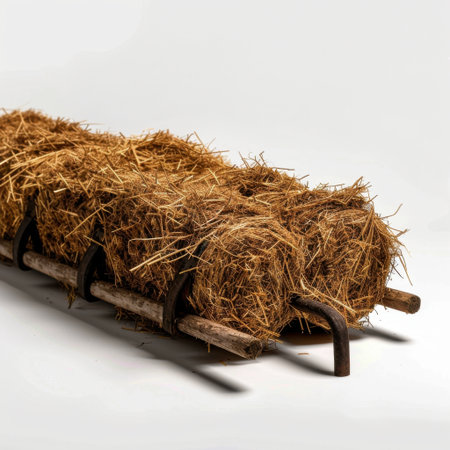 A rustic arrangement of straw bales stacked on a wooden rack. This image captures the essence of agricultural life and provides a warm, natural aesthetic.の素材