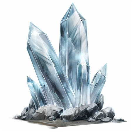 A captivating illustration of sharp transparent crystals emerging from rough stones, perfect for creative projects needing a touch of elegance and natural beauty.の素材