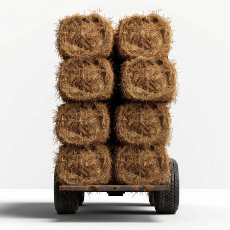 A collection of neatly stacked hay bales on a wooden cart against a clean white background, ideal for visualizing agricultural practices and farm themes.の素材