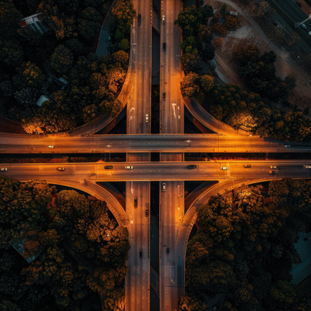 Experience the beauty of an aerial view showcasing a busy highway interchange surrounded by vibrant trees and urban scenery during dusk, highlighting illuminated roads.の素材