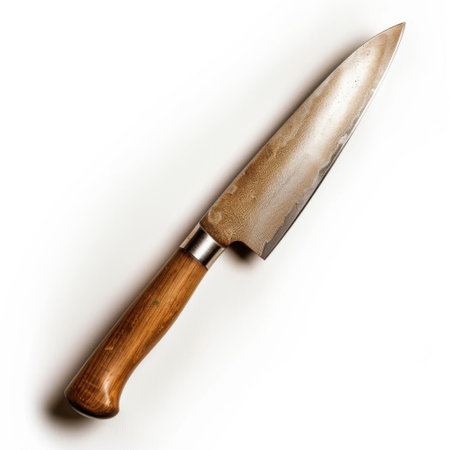 A premium chef knife featuring a beautiful wooden handle and a sharp stainless steel blade. Perfect for culinary enthusiasts who value quality and style.の素材