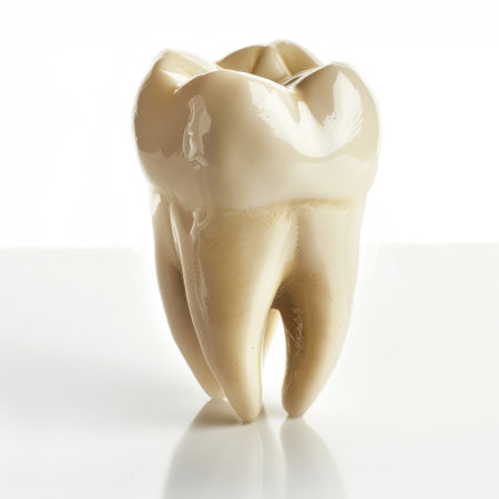 This ceramic tooth model represents dental anatomy and promotes education in oral hygiene. Ideal for clinics, classrooms, and healthcare professionals focused on dental care.の素材