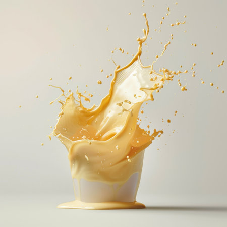 This vibrant image features a dynamic splash of yellow liquid, showcasing the beauty of motion and texture against a minimalist background, ideal for artistic projects.の素材