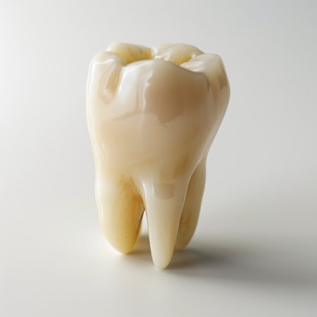 Close-up view of a realistic tooth model highlighting its enamel and root structure, suitable for education in dentistry and dental health practices.の素材