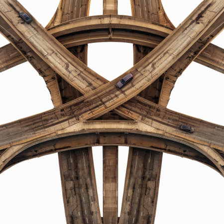 This aerial image showcases a complex traffic interchange in an urban area. The intricate design features multiple roads weaving together, highlighting transportation dynamics.の素材