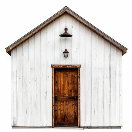 A charming rustic house featuring a white wooden exterior and a warm brown door. The vintage lantern adds character, ideal for architectural projects or home decor.の素材
