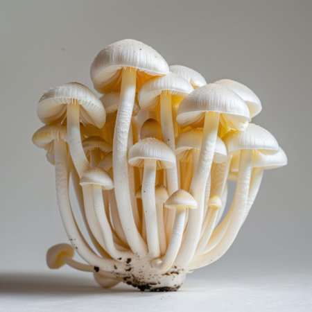 A beautiful arrangement of white mushrooms on a light background, emphasizing their delicate structure and inviting appearance for culinary use or nature themes.の素材